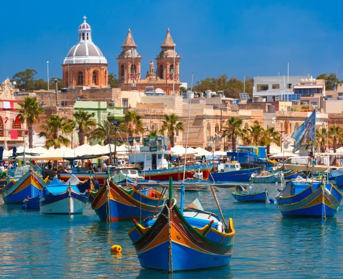 Taditional eyed boats Luzzu in Marsaxlokk, Malta