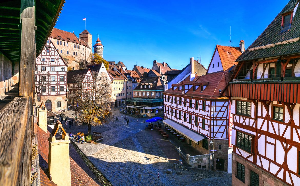 old town of medieval Nuremberg with traditional architecture, view from city wall. Travel in Germany