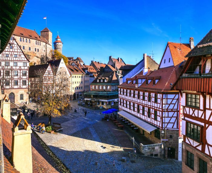 old town of medieval Nuremberg with traditional architecture, view from city wall. Travel in Germany