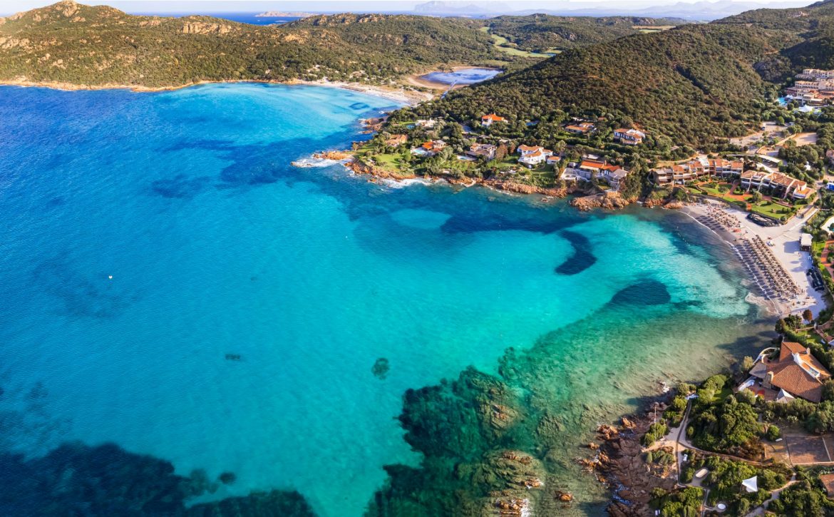 Sardegna (Sardinia) island aerial drone view of best beaches. Pevero beach near Porto Cervo in emerald coast (Costa Smeralda), Italy
